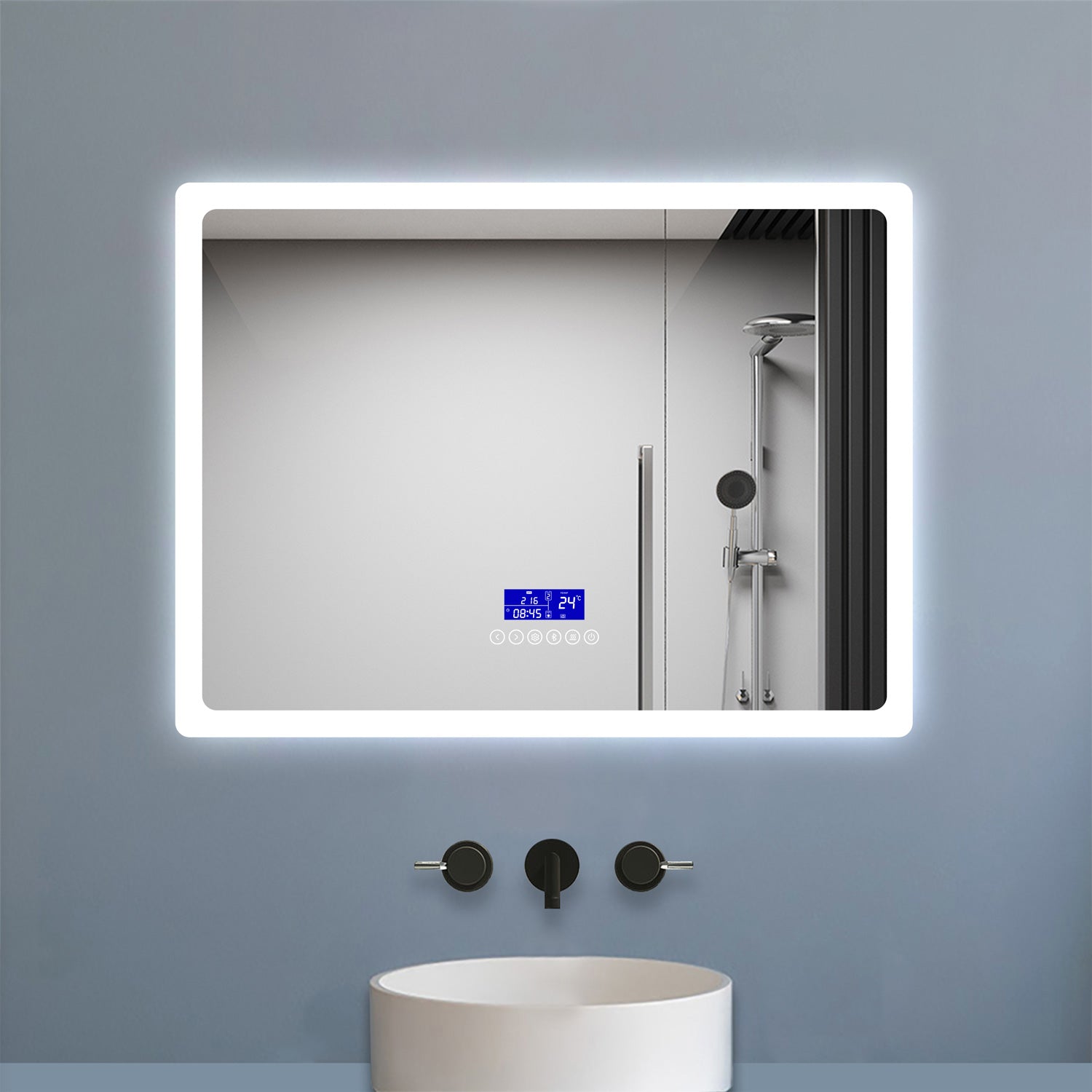 Bathroom Mirror with Bluetooth Speaker Digital Clock Dimmable Lights Anti-fog Touch Switch